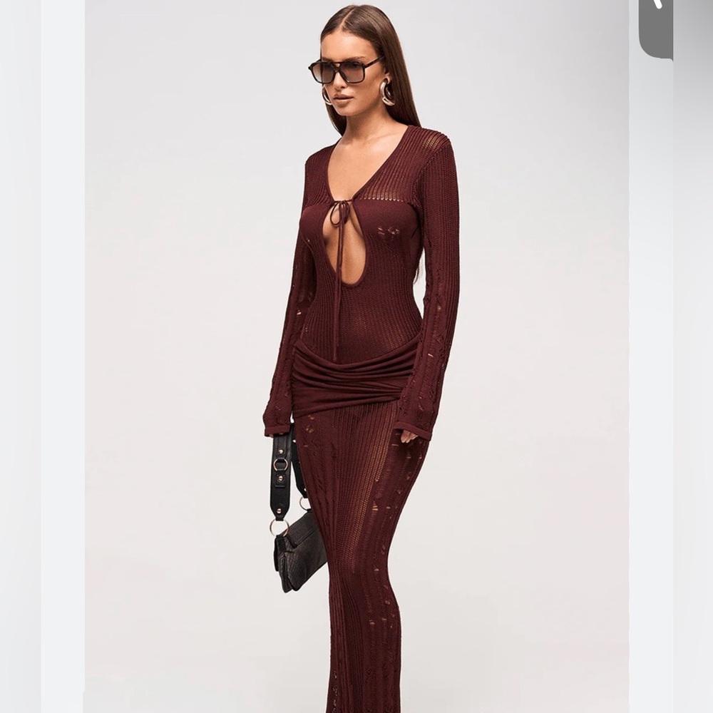 Murci Long Sleeve Ribbed Cutout Maxi Dress in Mocha